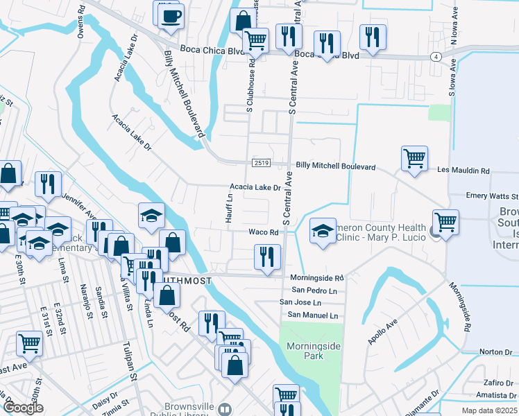 map of restaurants, bars, coffee shops, grocery stores, and more near 162-198 Haggar Drive in Brownsville
