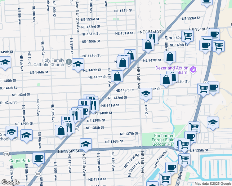 map of restaurants, bars, coffee shops, grocery stores, and more near 1425 Northeast 142nd Street in North Miami