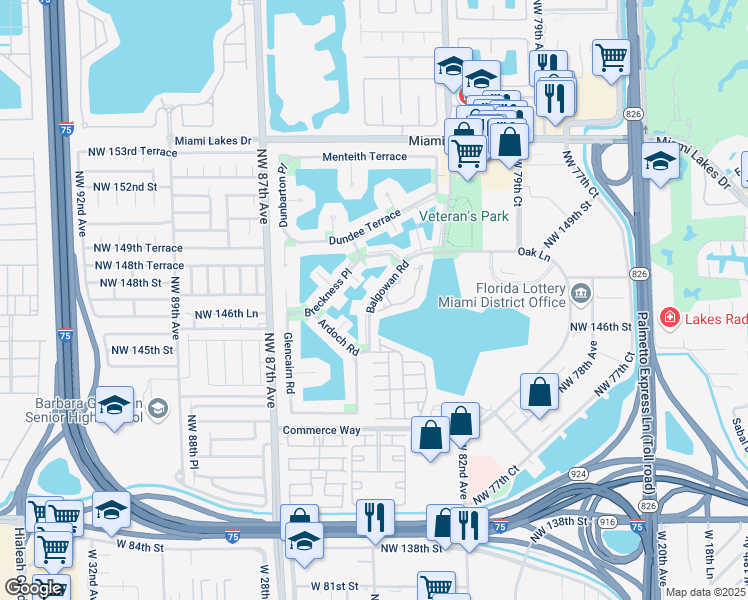 map of restaurants, bars, coffee shops, grocery stores, and more near 14601 Balgowan Road in Hialeah