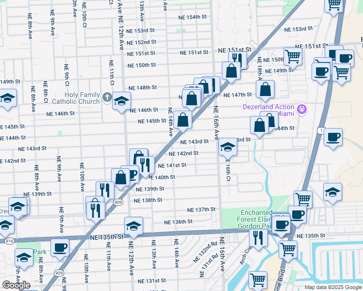 map of restaurants, bars, coffee shops, grocery stores, and more near 1425 Northeast 142nd Street in North Miami
