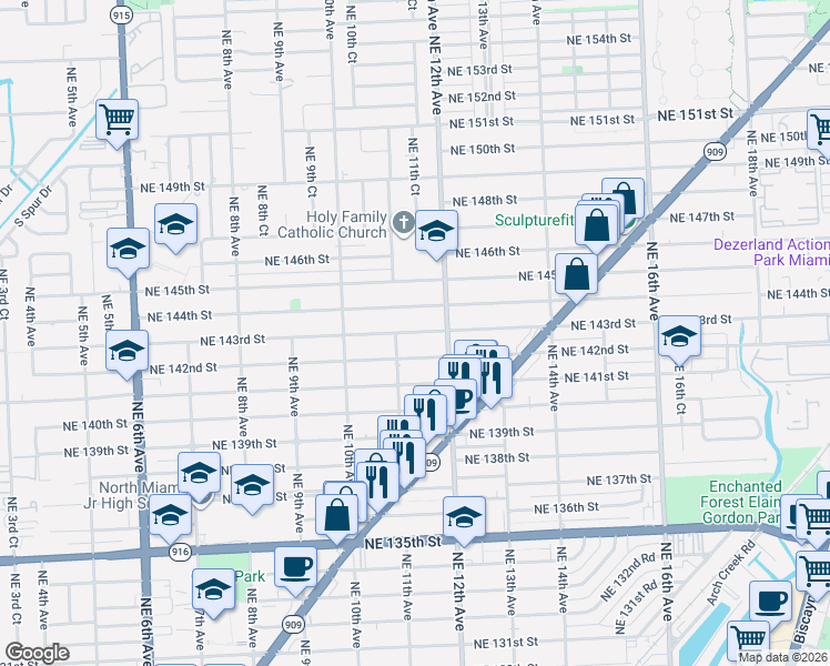 map of restaurants, bars, coffee shops, grocery stores, and more near 1121 Northeast 142nd Street in North Miami