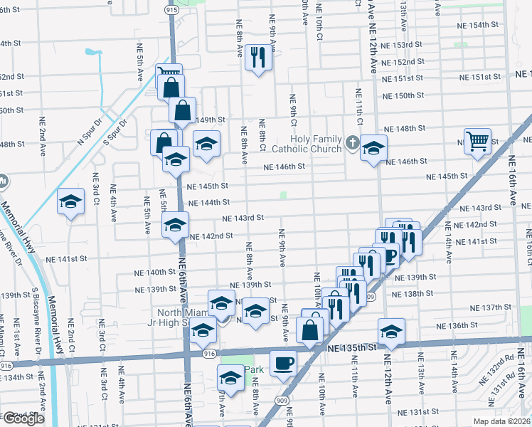 map of restaurants, bars, coffee shops, grocery stores, and more near 830 Northeast 143rd Street in North Miami