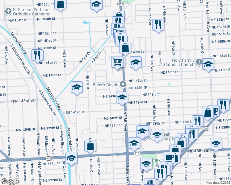 map of restaurants, bars, coffee shops, grocery stores, and more near 542 Northeast 143rd Street in North Miami