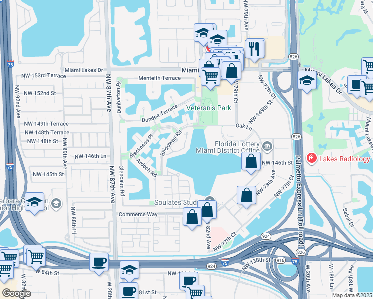map of restaurants, bars, coffee shops, grocery stores, and more near 14725 Balgowan Road in Miami Lakes