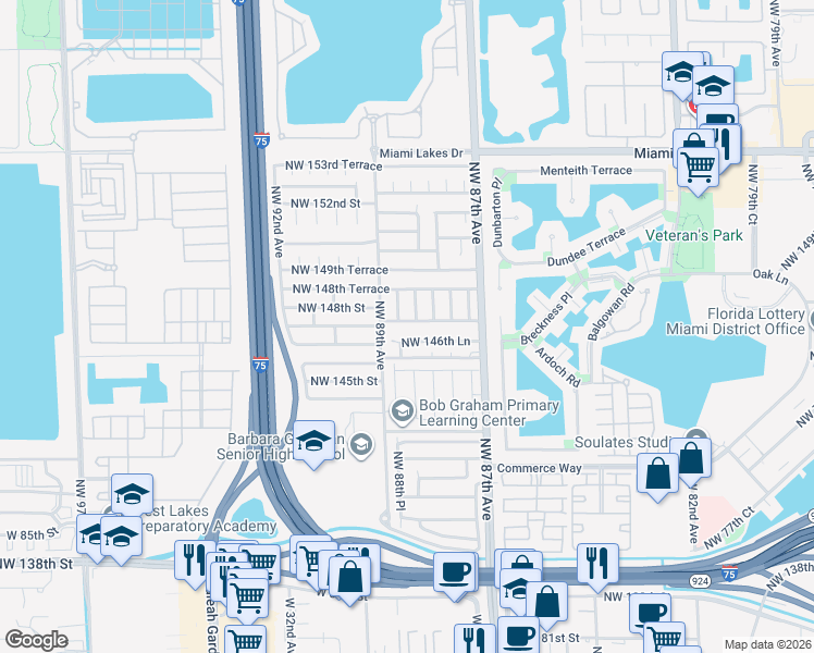 map of restaurants, bars, coffee shops, grocery stores, and more near 8812 Northwest 146th Lane in Hialeah