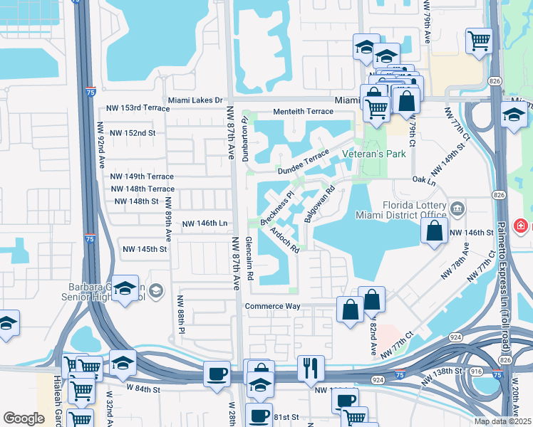 map of restaurants, bars, coffee shops, grocery stores, and more near 8571 Ardoch Road in Miami Lakes