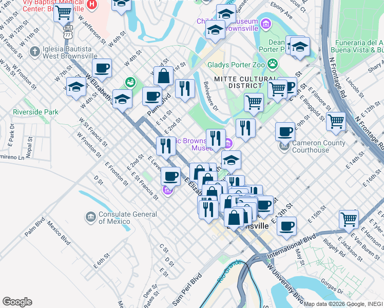 map of restaurants, bars, coffee shops, grocery stores, and more near 512 East Adams Street in Brownsville