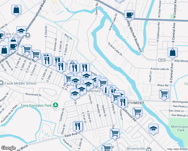 map of restaurants, bars, coffee shops, grocery stores, and more near 3043-3057 Stanolind Ave in Brownsville
