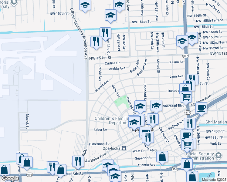 map of restaurants, bars, coffee shops, grocery stores, and more near 721 Sharar Avenue in Opa-locka