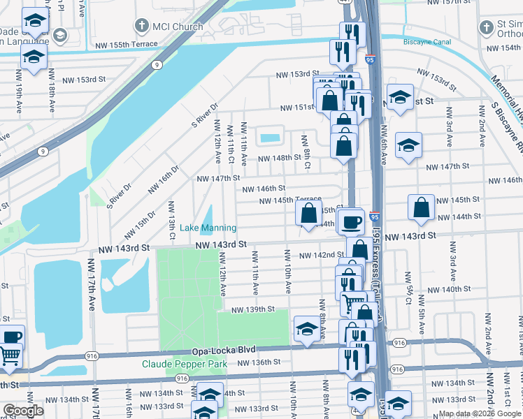 map of restaurants, bars, coffee shops, grocery stores, and more near 1045 Northwest 144th Street in Miami
