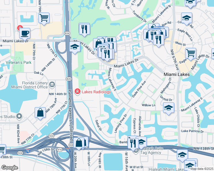 map of restaurants, bars, coffee shops, grocery stores, and more near 7280 Miami Lakeway South in Hialeah