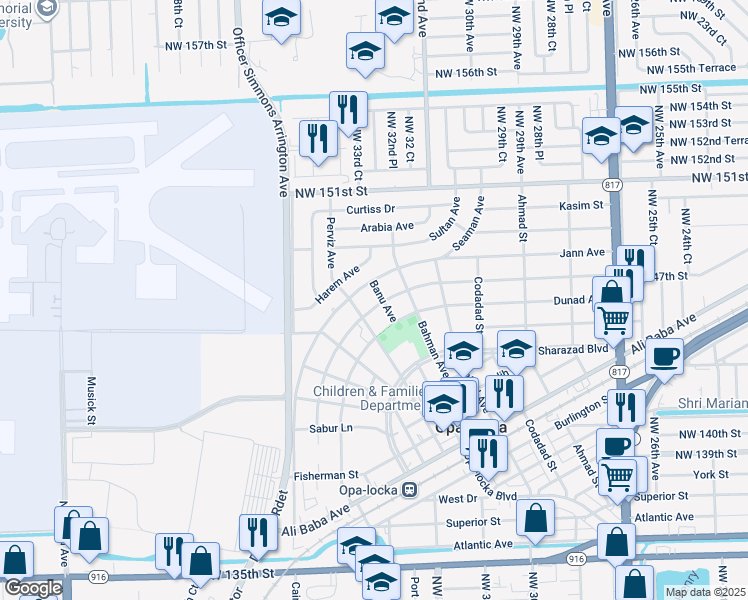 map of restaurants, bars, coffee shops, grocery stores, and more near 721 Sharar Avenue in Opa-locka