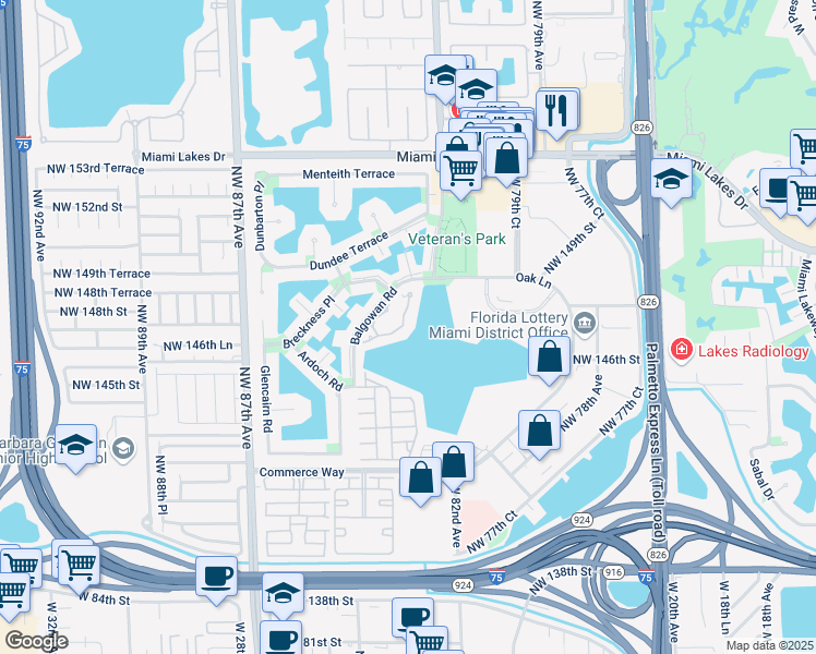 map of restaurants, bars, coffee shops, grocery stores, and more near 14725 Balgowan Road in Miami Lakes