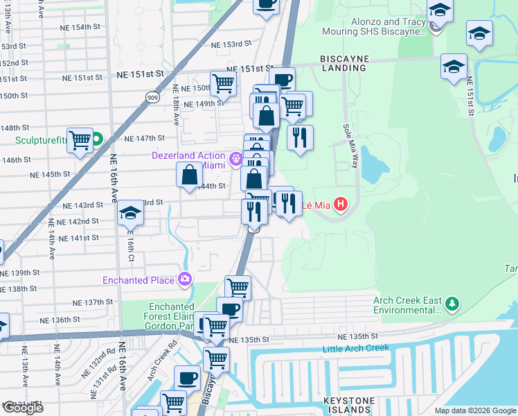 map of restaurants, bars, coffee shops, grocery stores, and more near 14316 Biscayne Boulevard in North Miami
