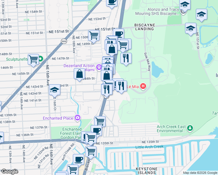 map of restaurants, bars, coffee shops, grocery stores, and more near 14316 Biscayne Boulevard in North Miami