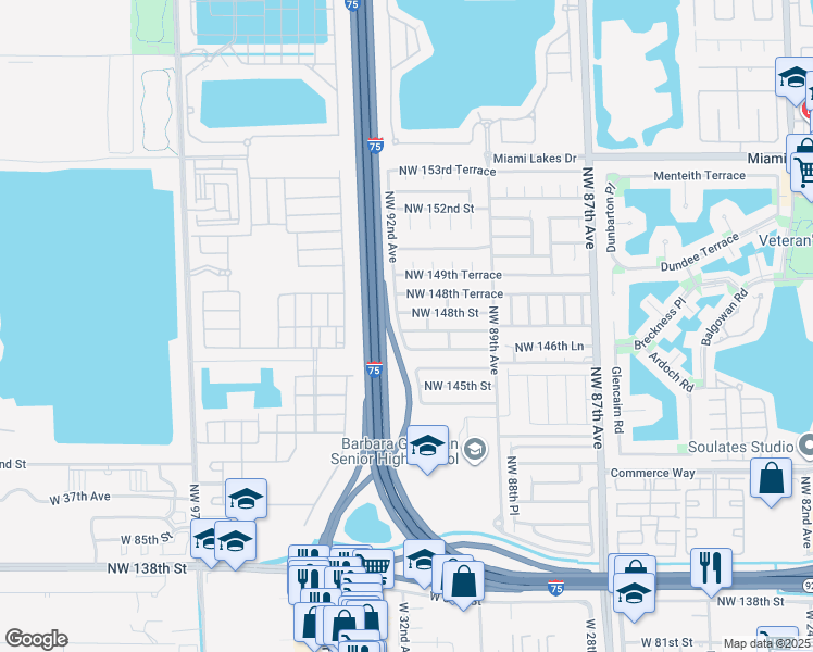 map of restaurants, bars, coffee shops, grocery stores, and more near 9081 Northwest 148th Street in Miami Lakes