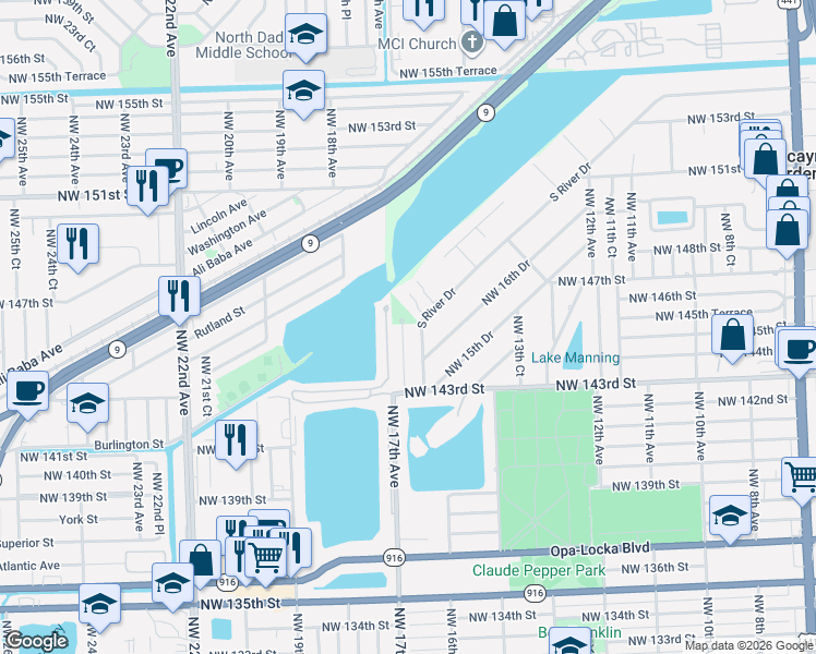map of restaurants, bars, coffee shops, grocery stores, and more near 14600 South River Drive in Miami