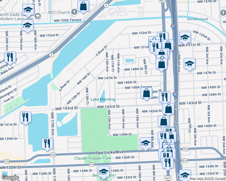 map of restaurants, bars, coffee shops, grocery stores, and more near 14591 Northwest 11th Court in Miami