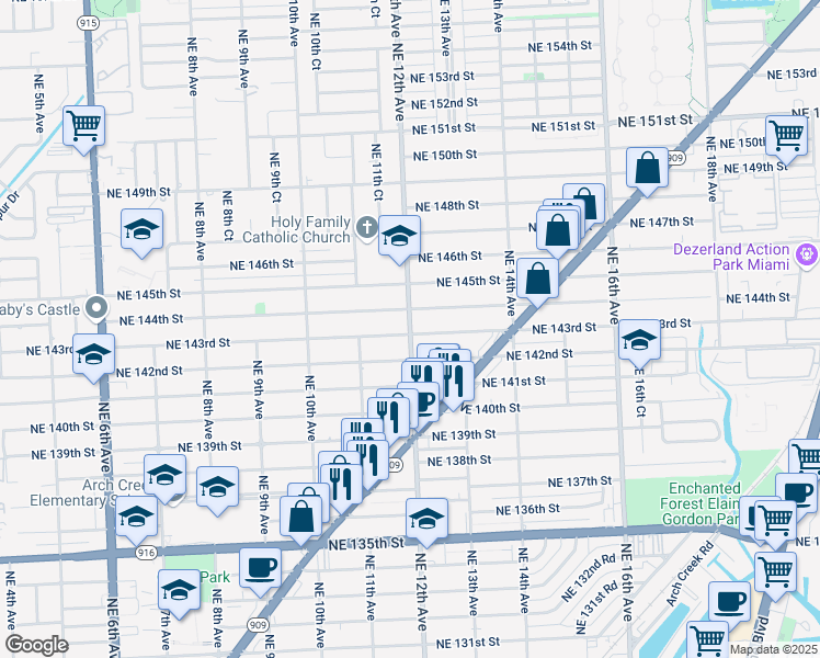 map of restaurants, bars, coffee shops, grocery stores, and more near 1200 Northeast 144th Street in North Miami