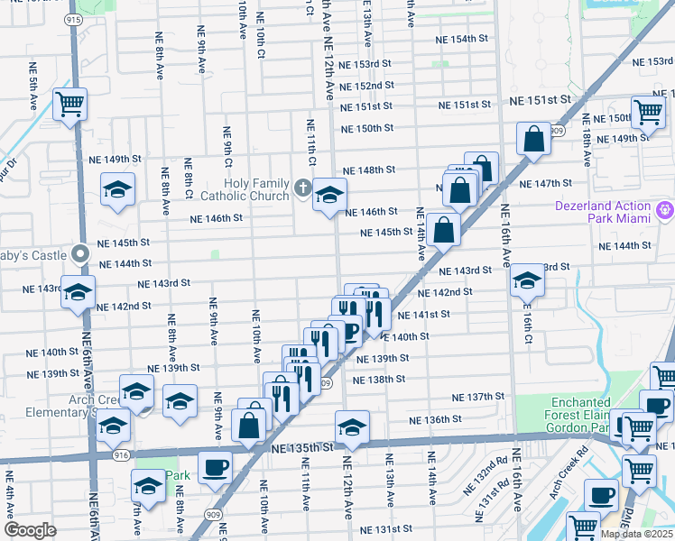 map of restaurants, bars, coffee shops, grocery stores, and more near 1200 Northeast 144th Street in North Miami