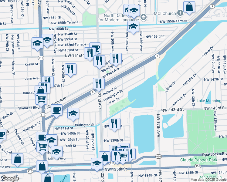 map of restaurants, bars, coffee shops, grocery stores, and more near 2061 Rutland Street in Opa-locka