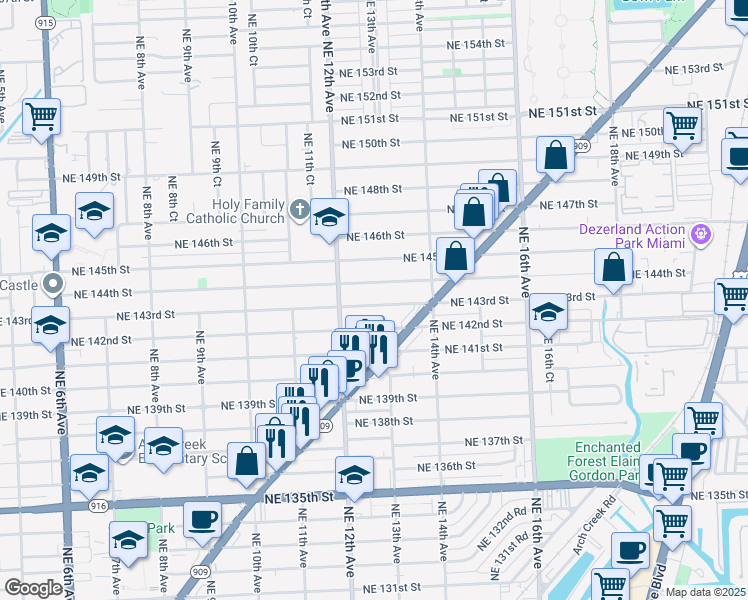 map of restaurants, bars, coffee shops, grocery stores, and more near 1275 Northeast 143rd Street in North Miami