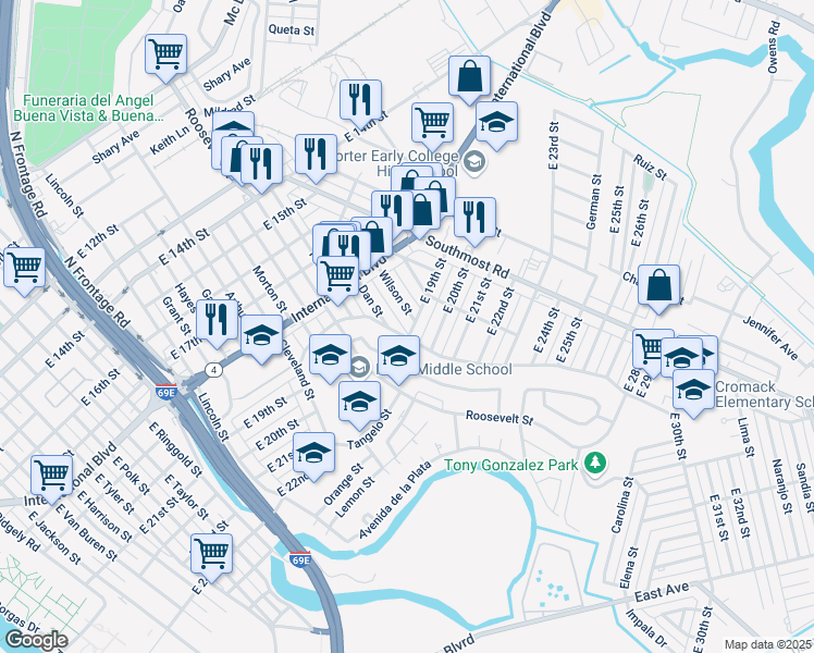map of restaurants, bars, coffee shops, grocery stores, and more near 3038 East 19th Street in Brownsville