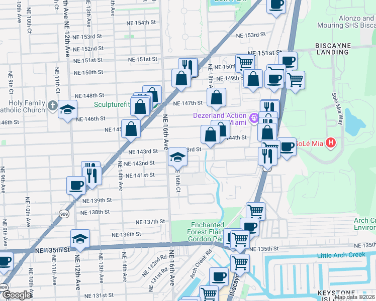 map of restaurants, bars, coffee shops, grocery stores, and more near 1650 Northeast 144th Street in North Miami