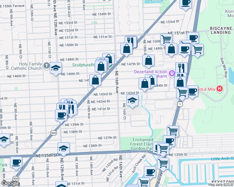 map of restaurants, bars, coffee shops, grocery stores, and more near 1590 Northeast 144th Street in Miami