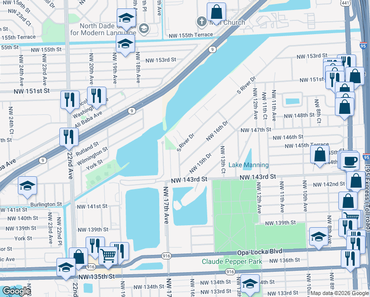 map of restaurants, bars, coffee shops, grocery stores, and more near 14615S South River Drive in Miami
