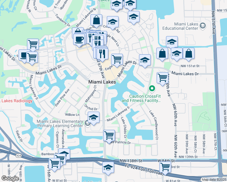 map of restaurants, bars, coffee shops, grocery stores, and more near 14740 Harris Place in Miami Lakes