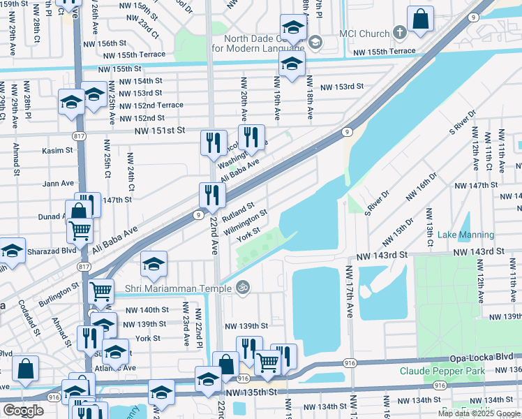 map of restaurants, bars, coffee shops, grocery stores, and more near 2061 Rutland Street in Opa-locka