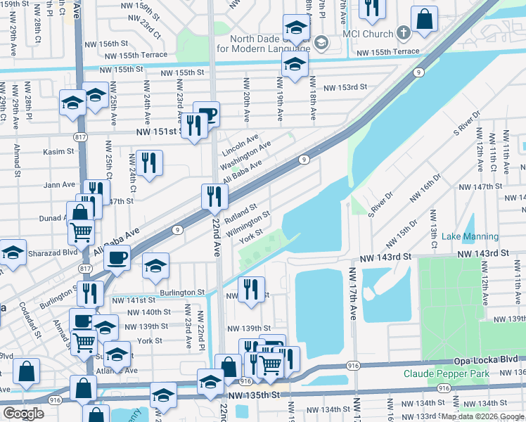 map of restaurants, bars, coffee shops, grocery stores, and more near 2061 Rutland Street in Opa-locka