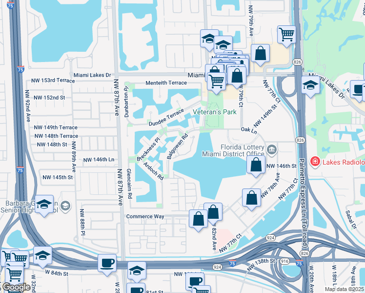 map of restaurants, bars, coffee shops, grocery stores, and more near 14824 Balgowan Road in Miami Lakes