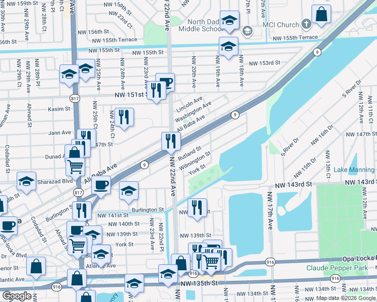 map of restaurants, bars, coffee shops, grocery stores, and more near 2140 Service Road in Opa-locka