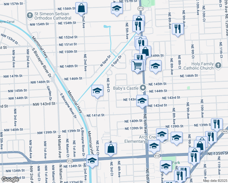 map of restaurants, bars, coffee shops, grocery stores, and more near 14430 Northeast 4th Avenue in Miami