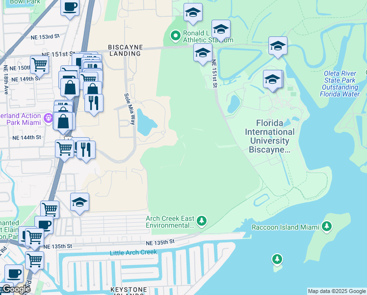 map of restaurants, bars, coffee shops, grocery stores, and more near 15045 Biscayne Boulevard in North Miami