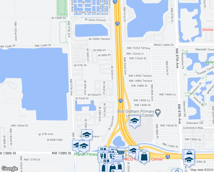 map of restaurants, bars, coffee shops, grocery stores, and more near 9356 West 33rd Lane in Hialeah