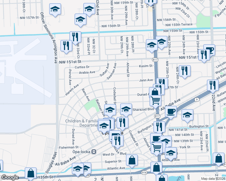 map of restaurants, bars, coffee shops, grocery stores, and more near 1046 Sharar Avenue in Opa-locka