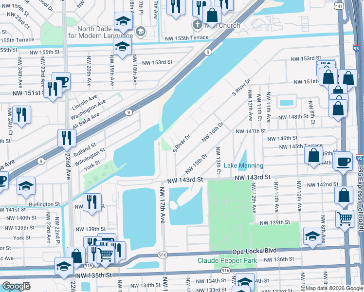 map of restaurants, bars, coffee shops, grocery stores, and more near 14615S South River Drive in Miami