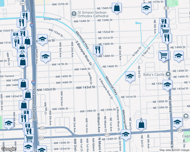map of restaurants, bars, coffee shops, grocery stores, and more near 14501 Garden Drive in Miami