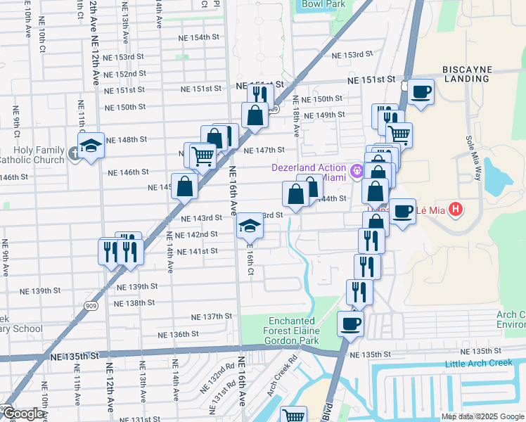 map of restaurants, bars, coffee shops, grocery stores, and more near 1650 Northeast 144th Street in North Miami