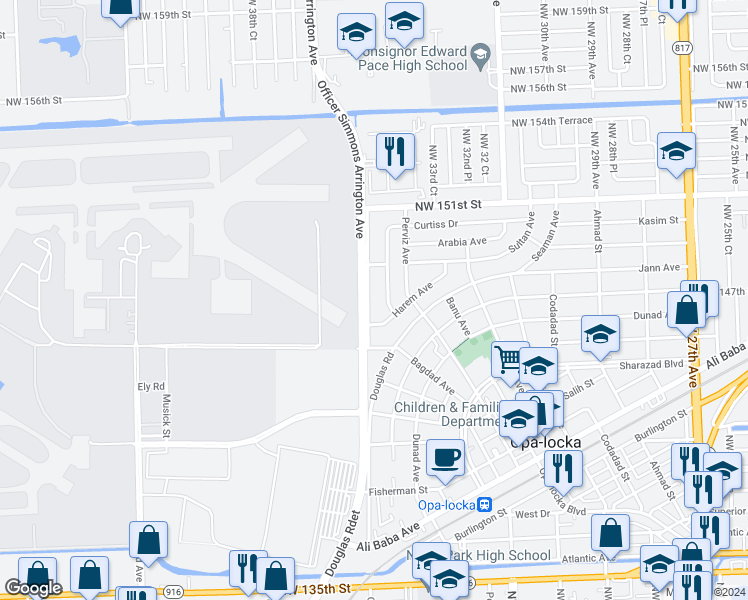 map of restaurants, bars, coffee shops, grocery stores, and more near 535 Curtiss Drive in Opa-locka