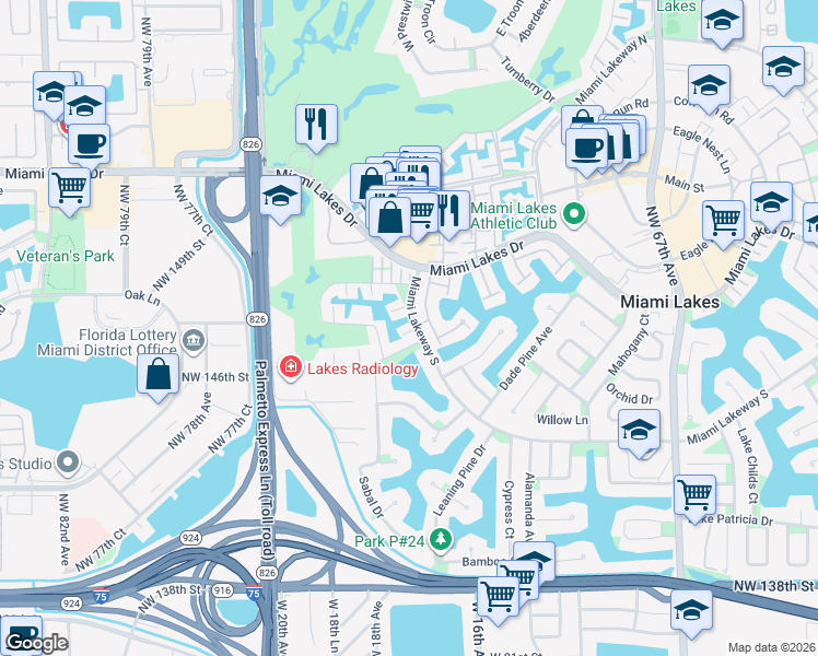 map of restaurants, bars, coffee shops, grocery stores, and more near 7330 Miami Lakeway in Miami Lakes