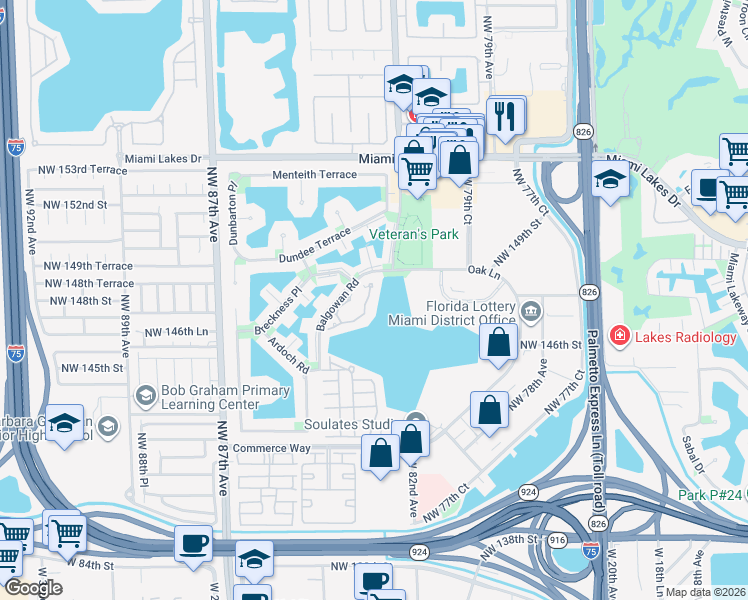 map of restaurants, bars, coffee shops, grocery stores, and more near 14817 Balgowan Road in Miami Lakes