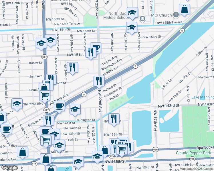 map of restaurants, bars, coffee shops, grocery stores, and more near 2140 Service Road in Opa-locka