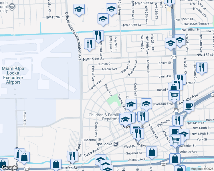 map of restaurants, bars, coffee shops, grocery stores, and more near 801 Jann Avenue in Opa-locka