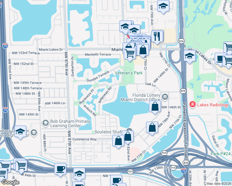 map of restaurants, bars, coffee shops, grocery stores, and more near 14817 Balgowan Road in Miami Lakes