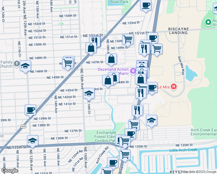map of restaurants, bars, coffee shops, grocery stores, and more near 14300 Northeast 18th Avenue in North Miami
