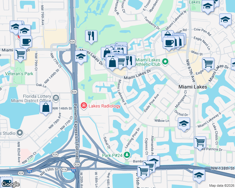 map of restaurants, bars, coffee shops, grocery stores, and more near 7330 Miami Lakeway in Miami Lakes